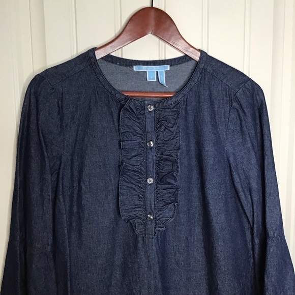 Draper James Chambray Ruffle Shift Dress. - Picture 3 of 10